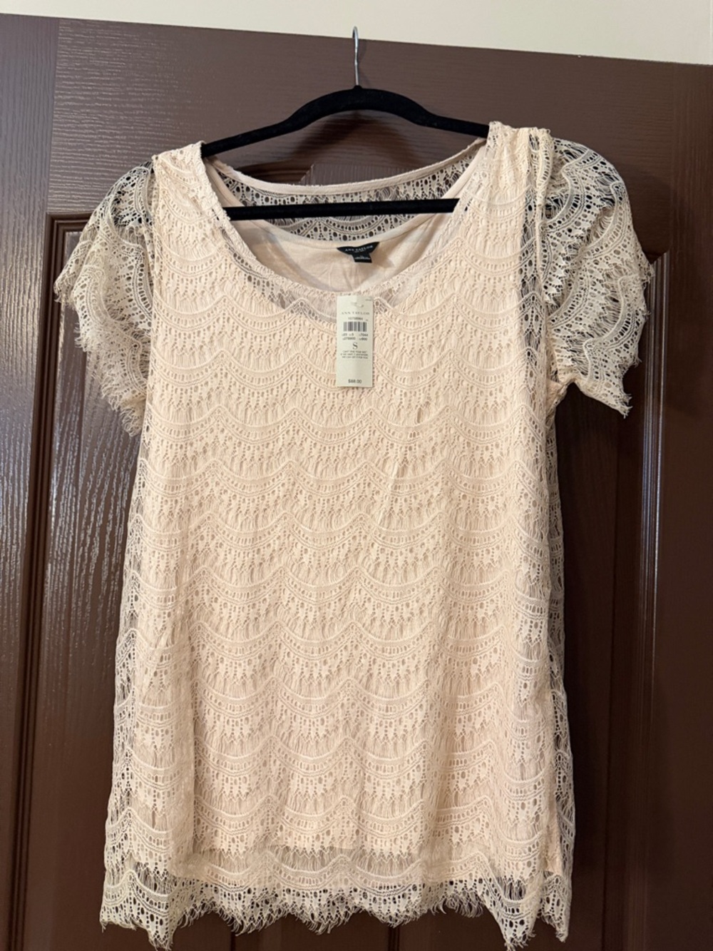 Ann Taylor Lace Overlay Short Sleeve Top in Blush